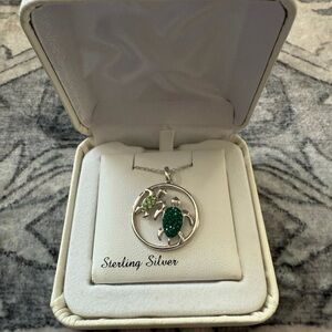 Sterling Silver Turtle Pendant Necklace with Green and Silver Accents